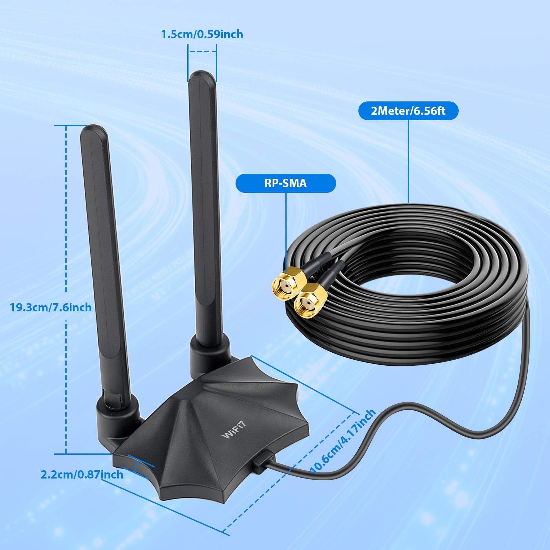 Antenne WiFi 7 - Base magnétique - 9 dBi - Antenne WLAN avec fiche mâle RP-SMA pour routeur WiFi 7/6E - Ordinateur de bureau - Carte PCI-E Asus Gigabyte - Carte mère de jeu