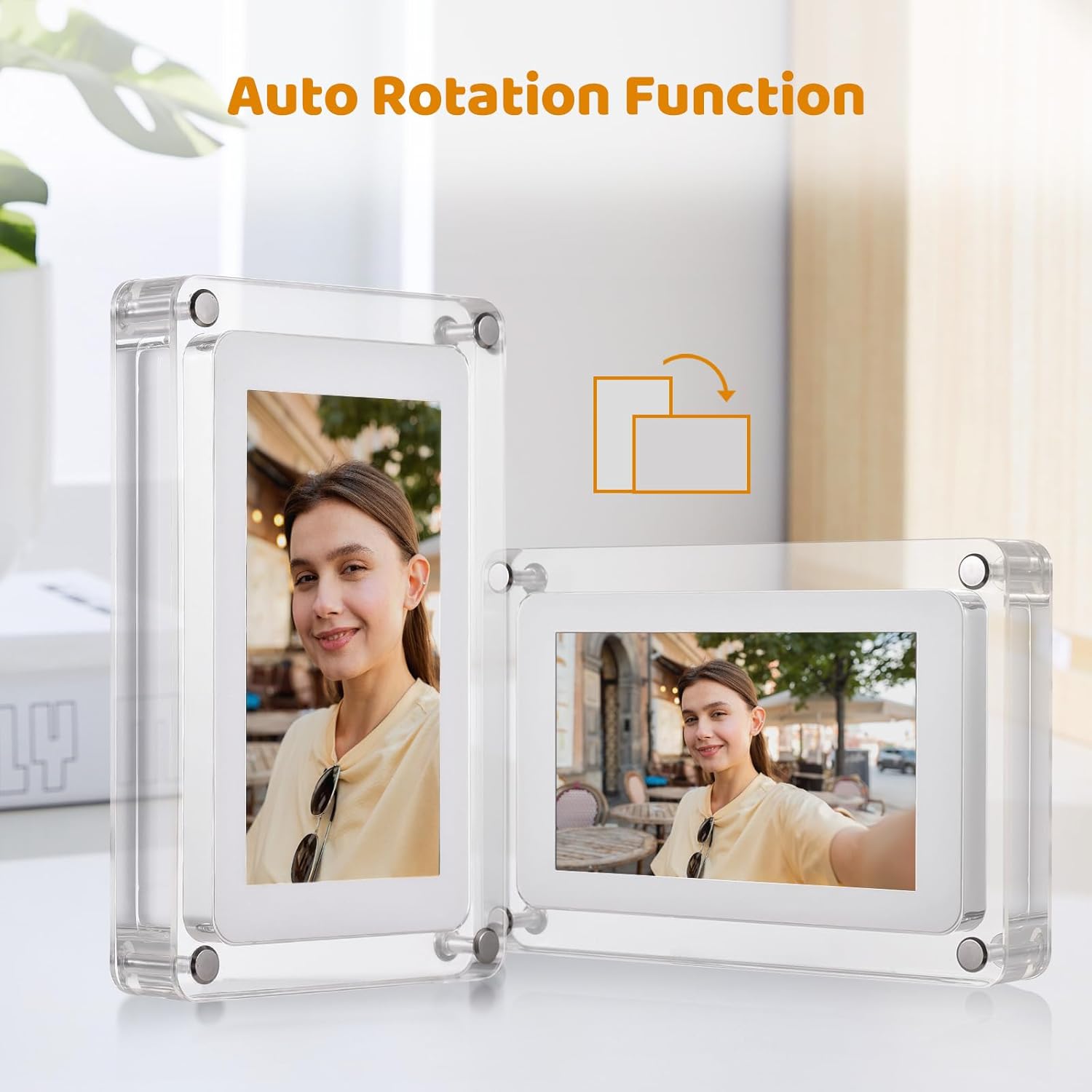 Two Andoer digital photo frames, one in portrait orientation and one in landscape orientation, demonstrating the automatic rotation feature.