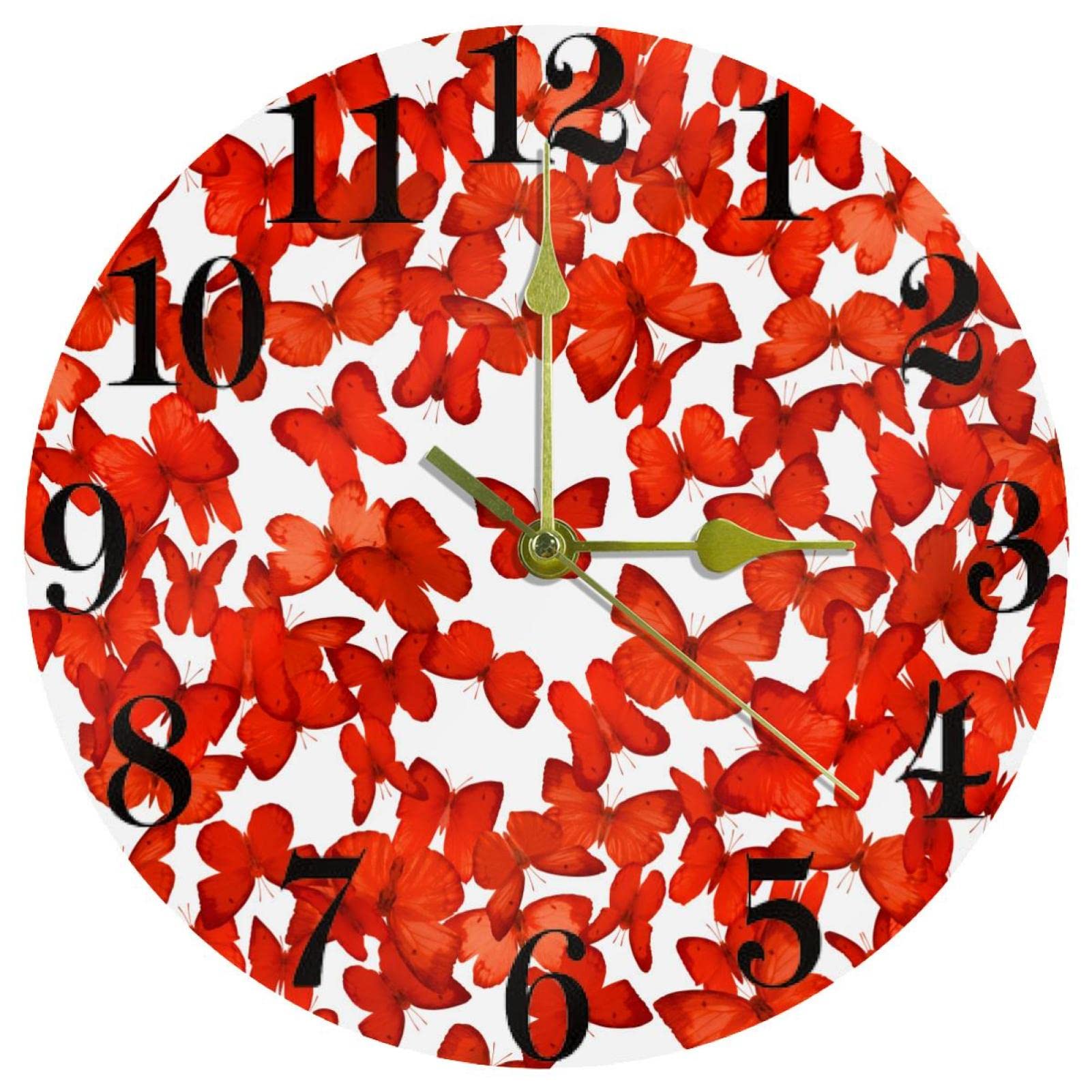 Horloge murale à quartz silencieuse de 25,4 cm avec motif de papillons rouges pour la cuisine