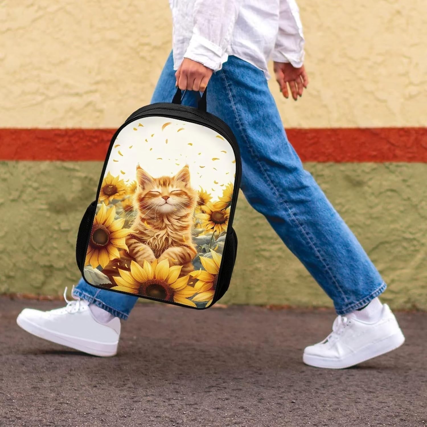 Girls Backpack for Kids Cat Sunflower Bookbag for Middle School Bags Travel Back 17 Inch Large Capacity Schoolbag College Computer Bag