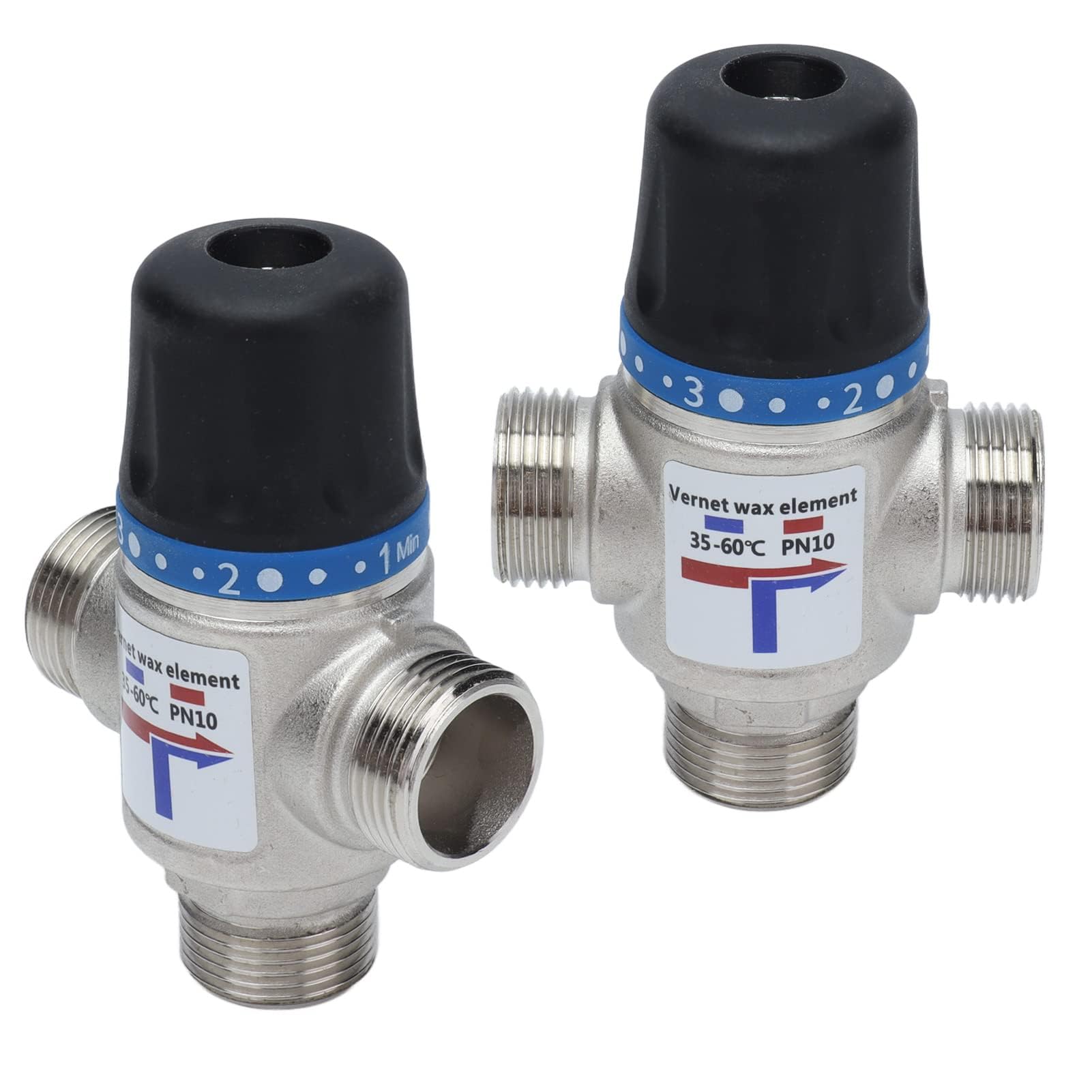 Valvola di Miscelazione Termostatica 3/4" a 3 Vie, Ottone Nichelato, Temperatura Regolabile 35-60°, Argento e Nero, Interruzione Automatica