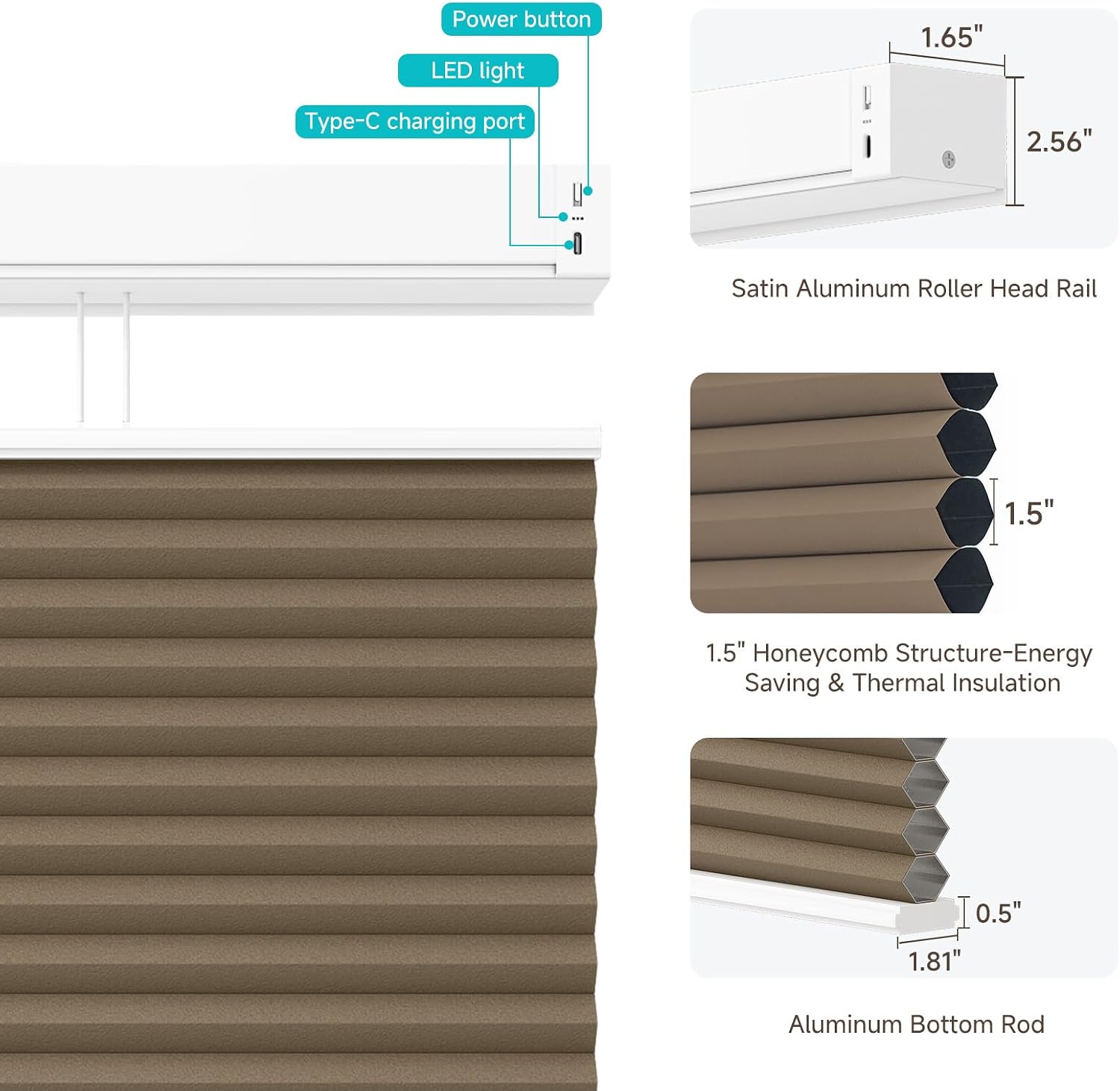 Motorized Top Down Bottom Up Cellular Shades with Remote, Custom Cordless Smart Honeycomb Blinds, Automatic Electric Blackout Window Blinds Compatible with Alexa Google for Home Office, Brown image 3