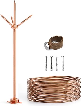 Lightning Rod,Copper Lightning Rod Protection System with 60 Feet 6AWG Down Conductor and Ground Rod Clamp UL Listed for House Roof Bungalow Tin House Farm 1.7FT, Lightning Rod with Down Conductor
