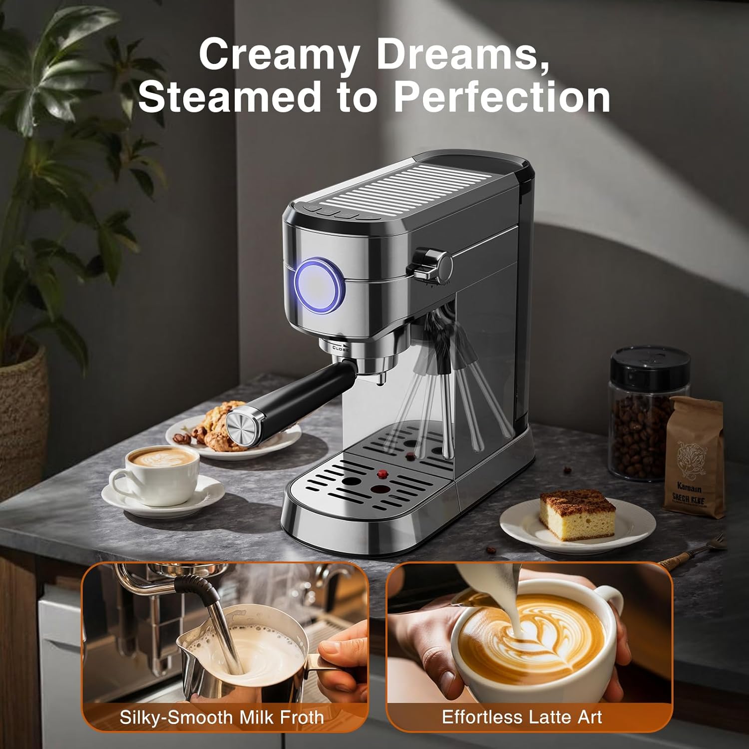 Crzoe Espresso Machine 20 Bar, Compact 1350W Espresso Maker with Steam Milk Frother, Semi-Automatic Coffee Machine, Fast Heating, for Cappuccino, Latte, 1.2L Removable Water Tank (Stainless Steel
