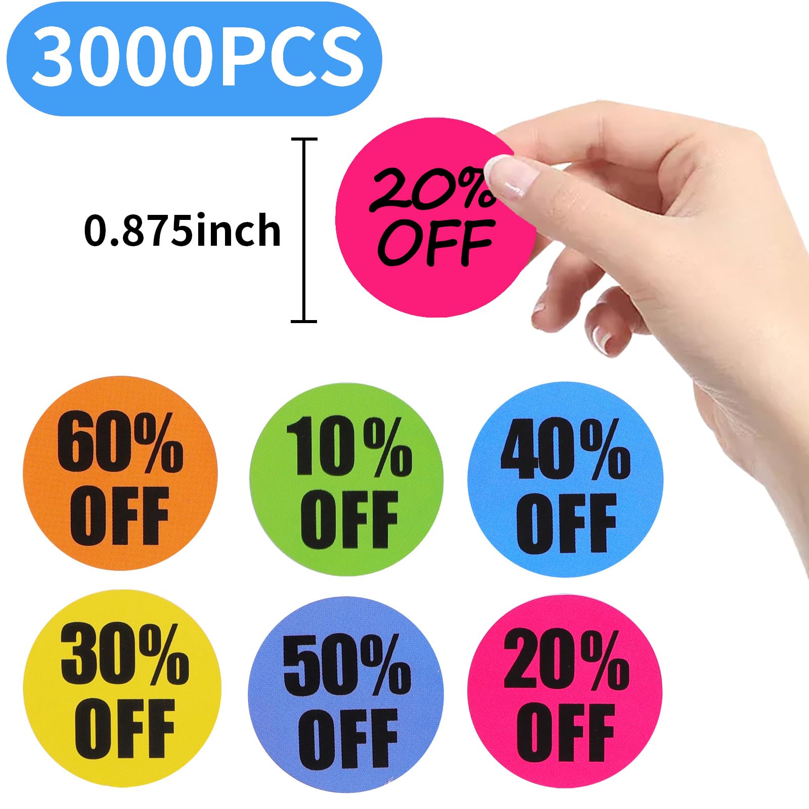 Cptoion 3000 PCS Multicolor Percent Off Discount Stickers, 10 to, 0.87 Inch, 6 Rolls