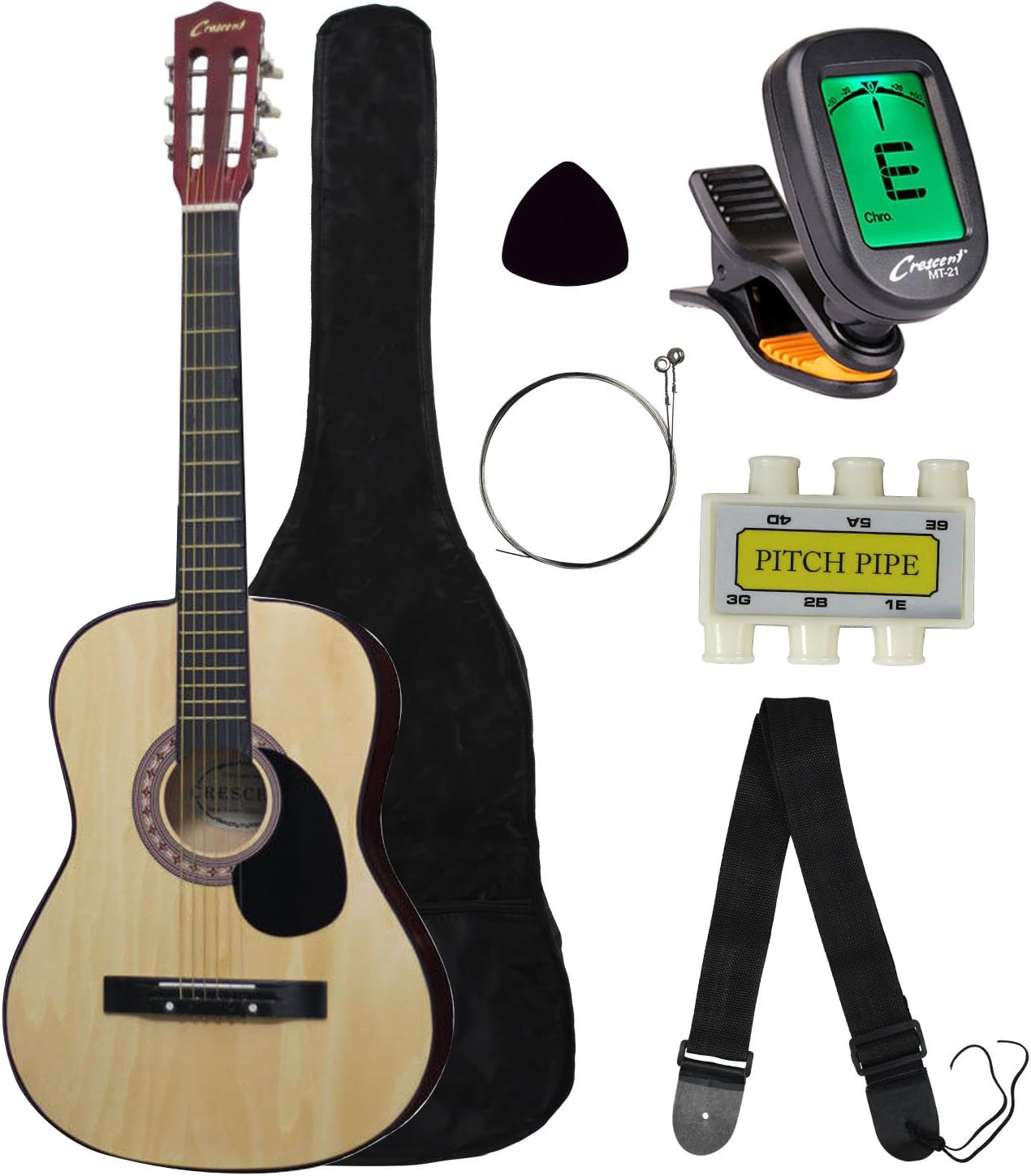Crescent MG38-NR 38" Acoustic Guitar Starter Package, Natural (Includes CrescentTM Digital E-Tuner)