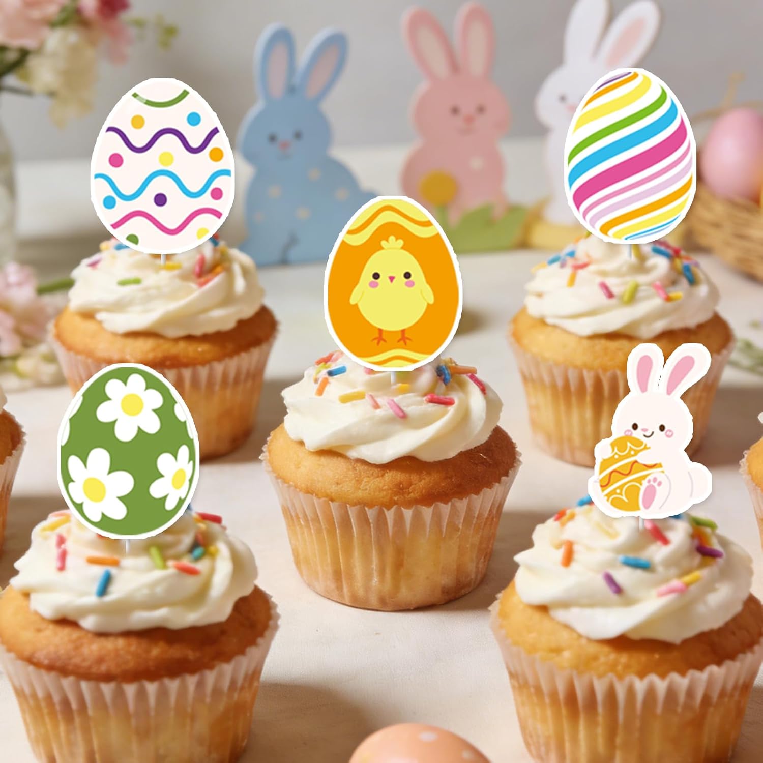 36Pcs Easter Egg Cupcake Toppers Rabbit Easter Party Decorations Spring Floral Theme Party Cupcake Picks Decor Supplies