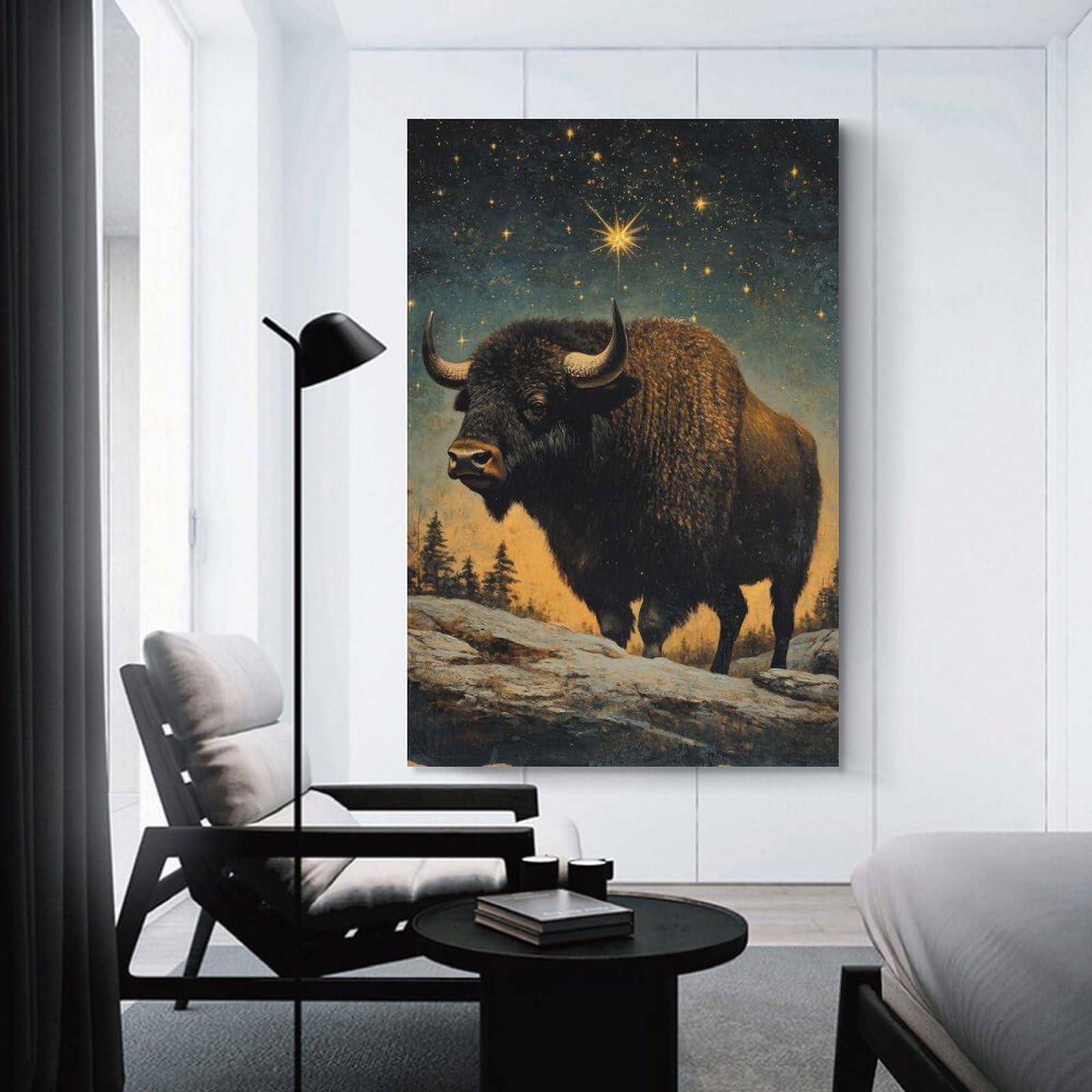 Junmoney Unframe-Style-2 Bison Under Starry Sky Wall Art Print, 24X36inch(60X90cm), For Living Room, Bedroom, Office Or Hallway, A Flexible Wall Accent For Shared Spaces