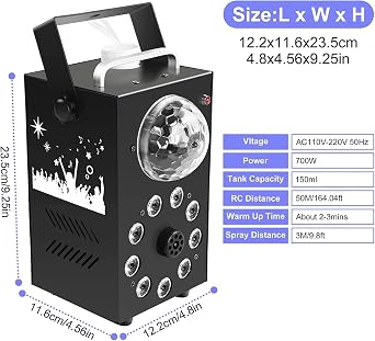 Smoke Machine, 700W Fog Machine, 9 LED Lights with Disco Ball, Remote Control with Strobe, Auto, Single Color, Smoke Mode for Party Christmas Halloween DJ Stage Effect [Energy Class E]