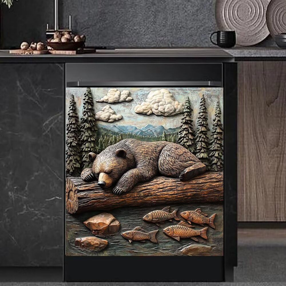 Rustic Bear and Fish Scene Kitchen Decor Dishwasher Magnet Cover Decal, 3D Embossed Wildlife Magnetic Dish Washer Panel Door Vinyl Sticker, Refrigerator Magnets,Easy to Clean, 23 x 26 inch