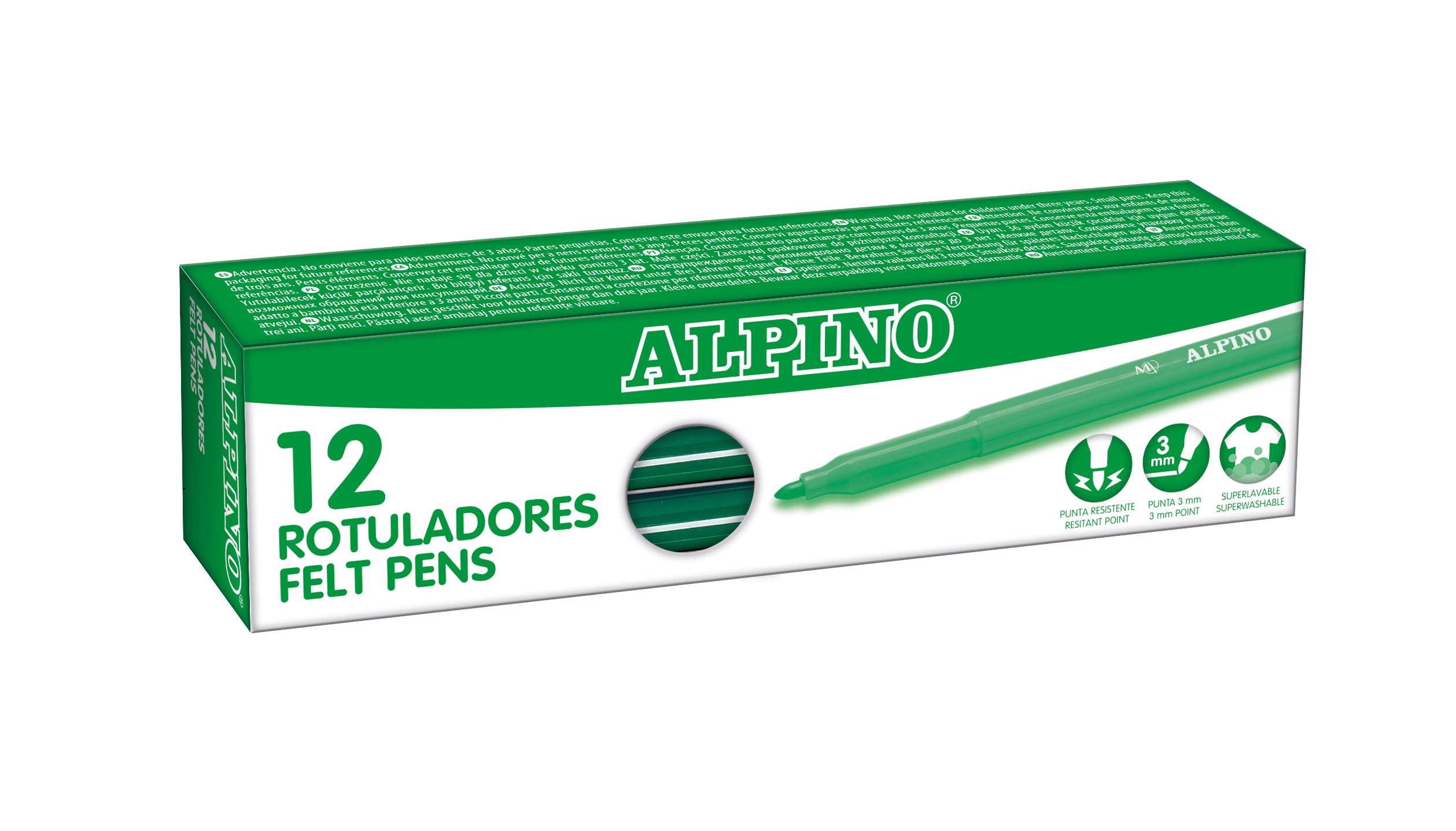 Alpino - Estuche 12 Rotuladores Stand. Verde Oscuro | Rotuladores Lavables para Niños | Rotuladores Brillantes | Ideal para la Escuela | Punta de Fibra Super Resistente y Tinta Segura a Base de Agua