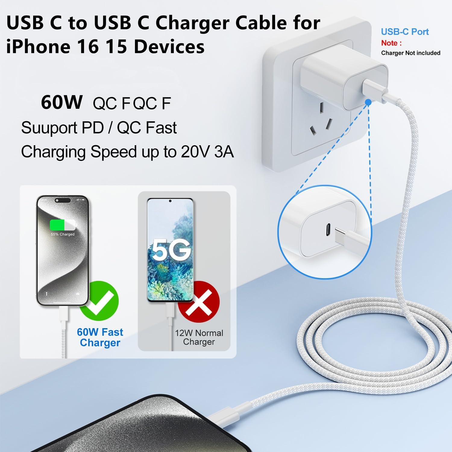 Cable de carga USB C para iPhone 16 15 de 10 pies, cable de carga rápida tipo C a C para Apple iPhone 16 Pro Max/16 Pro/15 Plus/15 Pro Max/MacBook 2021/2020/2019/2018, iPad 12.9/11 pulgadas/Mini/Air