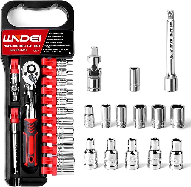 LLNDEI 15PCS 1/4 inch Socket Ratchet Wrench Set, 72 Tooth Quick Released Reversible Ratchet Handle, CR-V Drive 1/4Metric Sockets Kit 4-12mm, Coupler for Bits, Universal Joint, Extension Bar