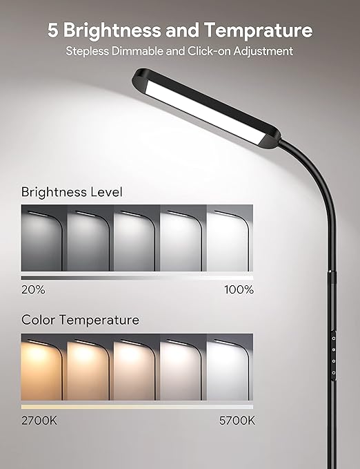 MediAcous Living Room Floor Lamp, LED Floor Lamp, 2700K to 5700K, 5 Color Temperatures & 5 Brightness Levels with 1 Hour, Dimmable Floor Lamps with Touch Control and Remote Control for Office, Bedroom photo 2