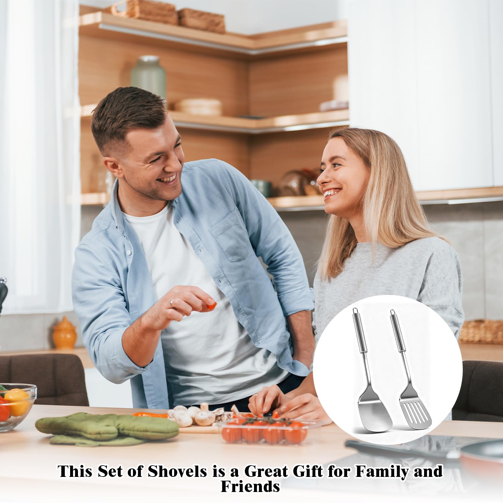 2 Pcs Espatula Cocina Acero Inoxidable, Juego de Utensilios Cocina, Paleta Cocina Resistente y Duradero, Espátula Ranurada Plateada, Lengua Sólida, Aptas para Lavavajillas, Fáciles Limpiar — view 6