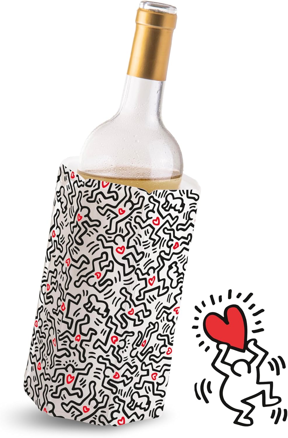 Vacu Vin Wine Cooler Sleeve – Keith Haring Edition – Gel Sleeve Chills Wine in Minutes – No Ice Needed – Fits Standard Wine Bottles – Reusable & Portable