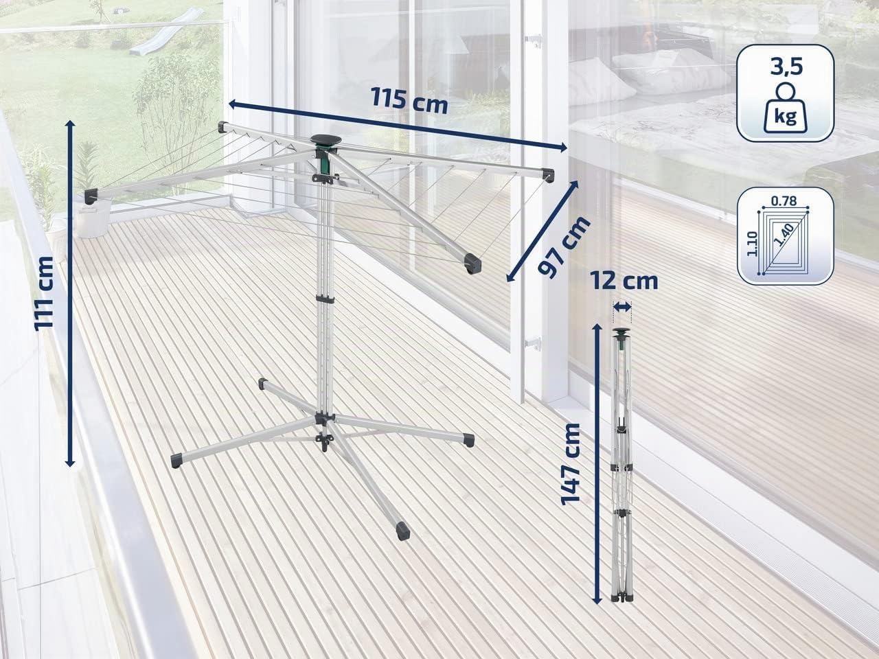 Leifheit Tendedero de pie LinoPop-Up 140, tendedero plegable, compacto y ligero, práctico tendal vertical con 14 metros de longitud de tendido | Montaje rápido con una sola mano, compacto y fácil de transportar, tendedero resistente, ideal para balcón o c