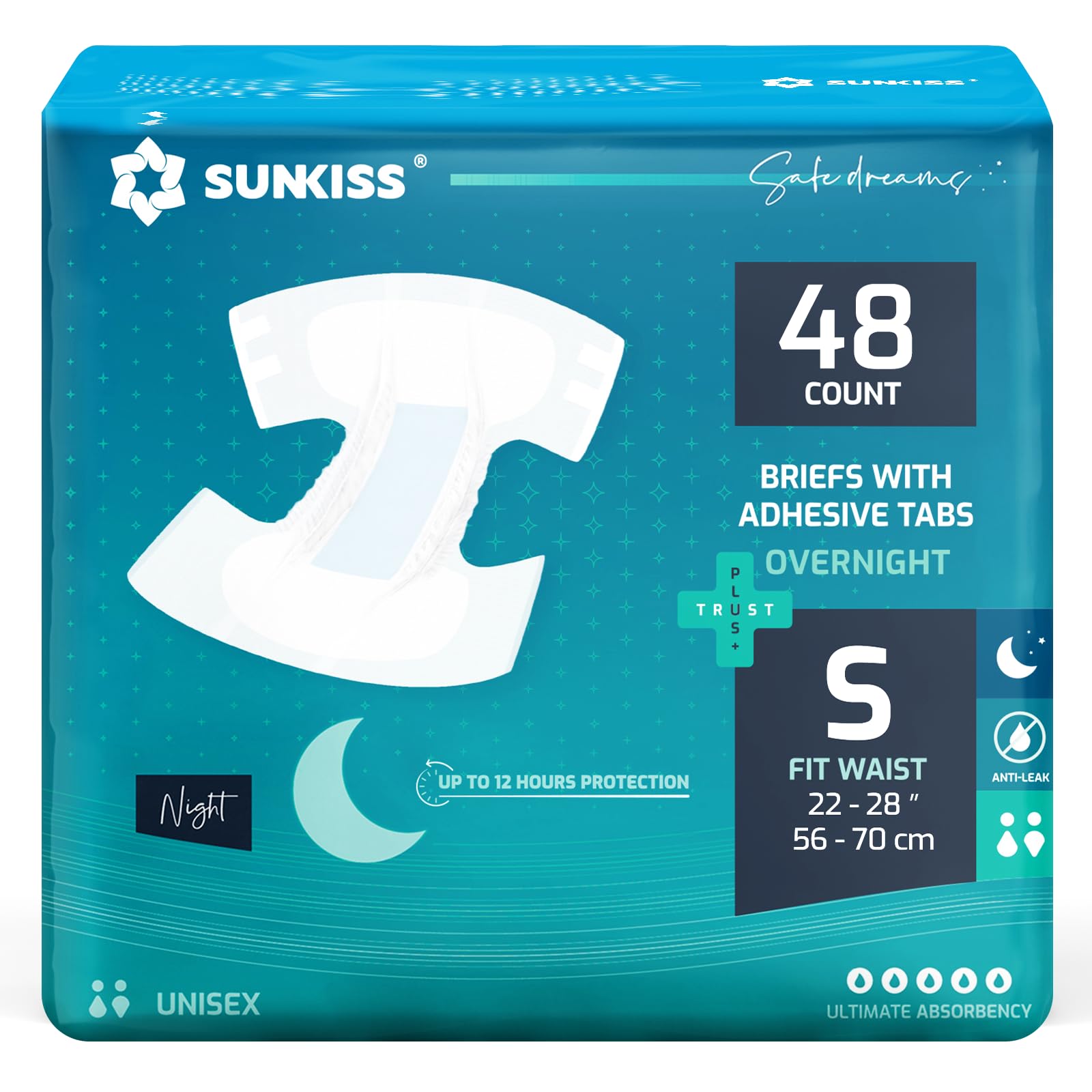 SUNKISS TrustPlus Overnight Adult Diapers with Tabs, Unisex Disposable Incontinence Briefs for Men and Women, Odor Control, Small, 48 Count (4 Packs