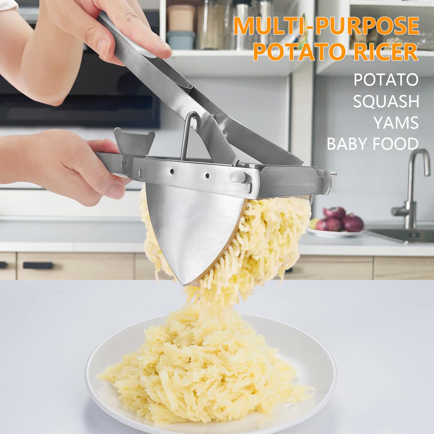 LHS Kartoffelpresse und Stampfer, robuster Edelstahl, kommerzielle Babynahrungsstampfer, Business-Kartoffelstampfer und Lebensmittelpresse mit ergonomischem Komfortgriff, Weiß