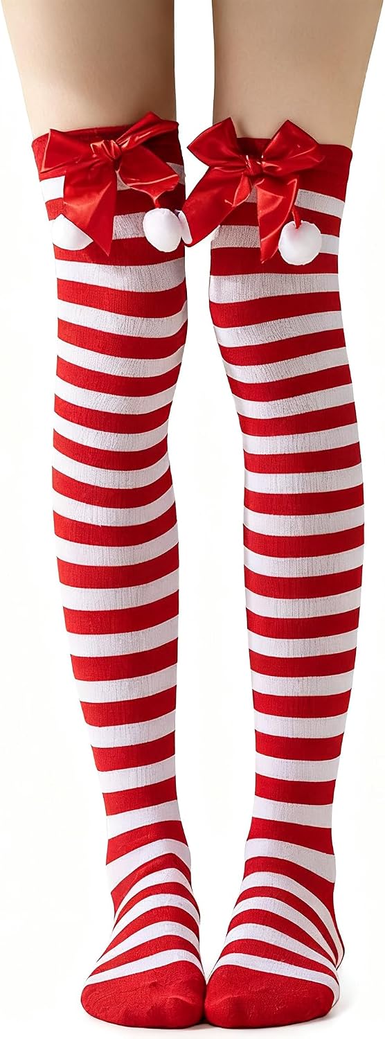 Mealah Christmas Striped Thigh High Socks - Red White Long Striped Socks for Women Girls Cosplay Party Dress up