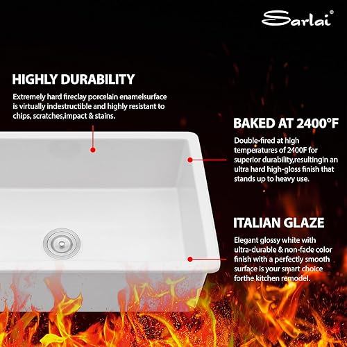 Miniatura 8 de Sarlai Fregadero de 32 pulgadas de arcilla refractaria blanca de 32 x 19 pulgadas, fregadero de cocina blanco de doble caída y montaje inferior,