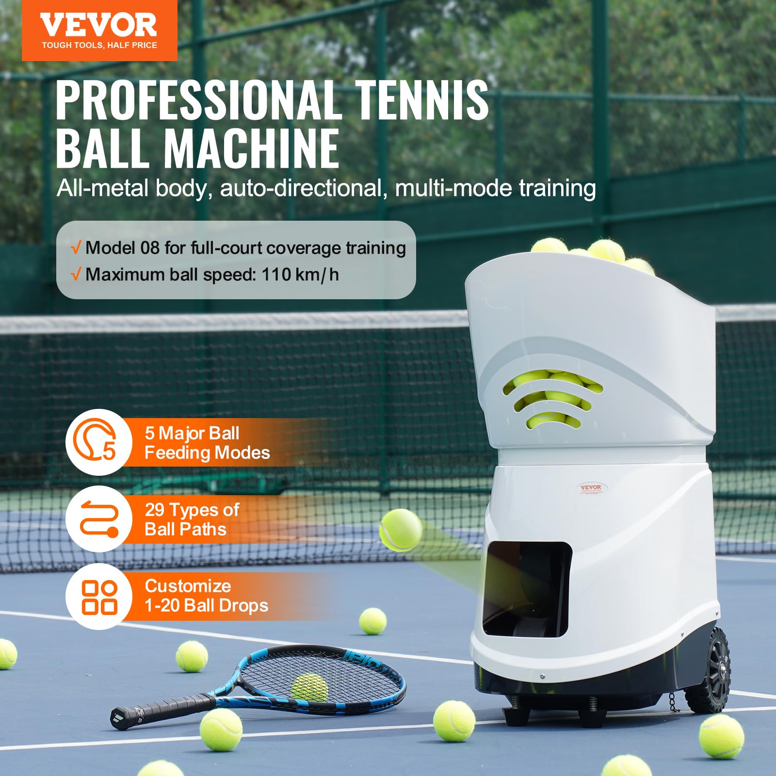 VEVOR Lancia Palline Tennis Automatico Portatile, Macchina per Palline da Tennis, Lanciatore 150 Palline, Trapano Multimodale 5 Motori, Oltre 2 Ore Gioco, Batteria Ricaricabile, Controllo Remoto App