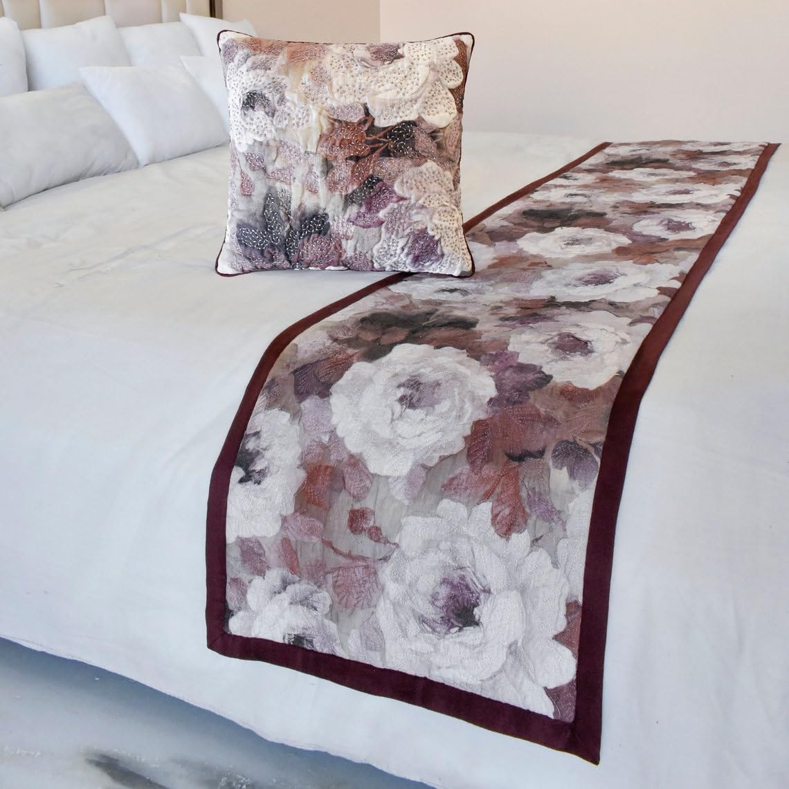 The HomeCentric King/Queen/Twin Purple Decorative King 225x45 cm Bed Runner With Two Cushion Cover, Floral, Roses, Bead Embroidery & Handmade Bed Scarf on Jacquard fabric - Wood Rose
