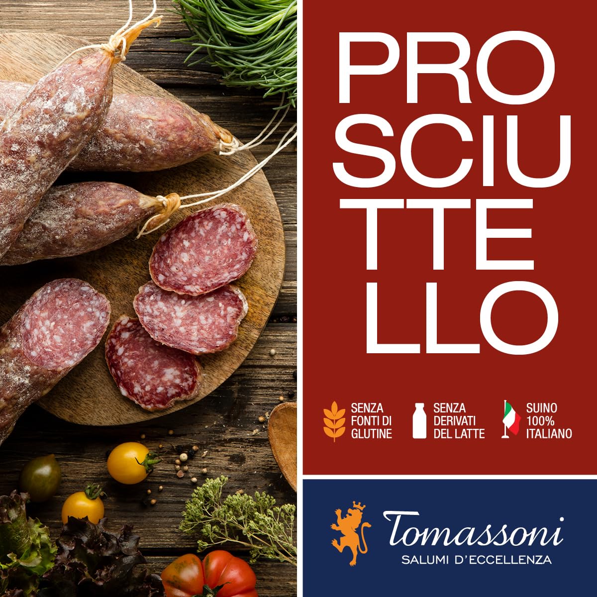 Tomassoni Salami Prosciuttello Italien, sans gluten et sans lactose, produit artisanal 100% italien, spécialités gourmandes de la région des marches, emballé sous vide entier 280g