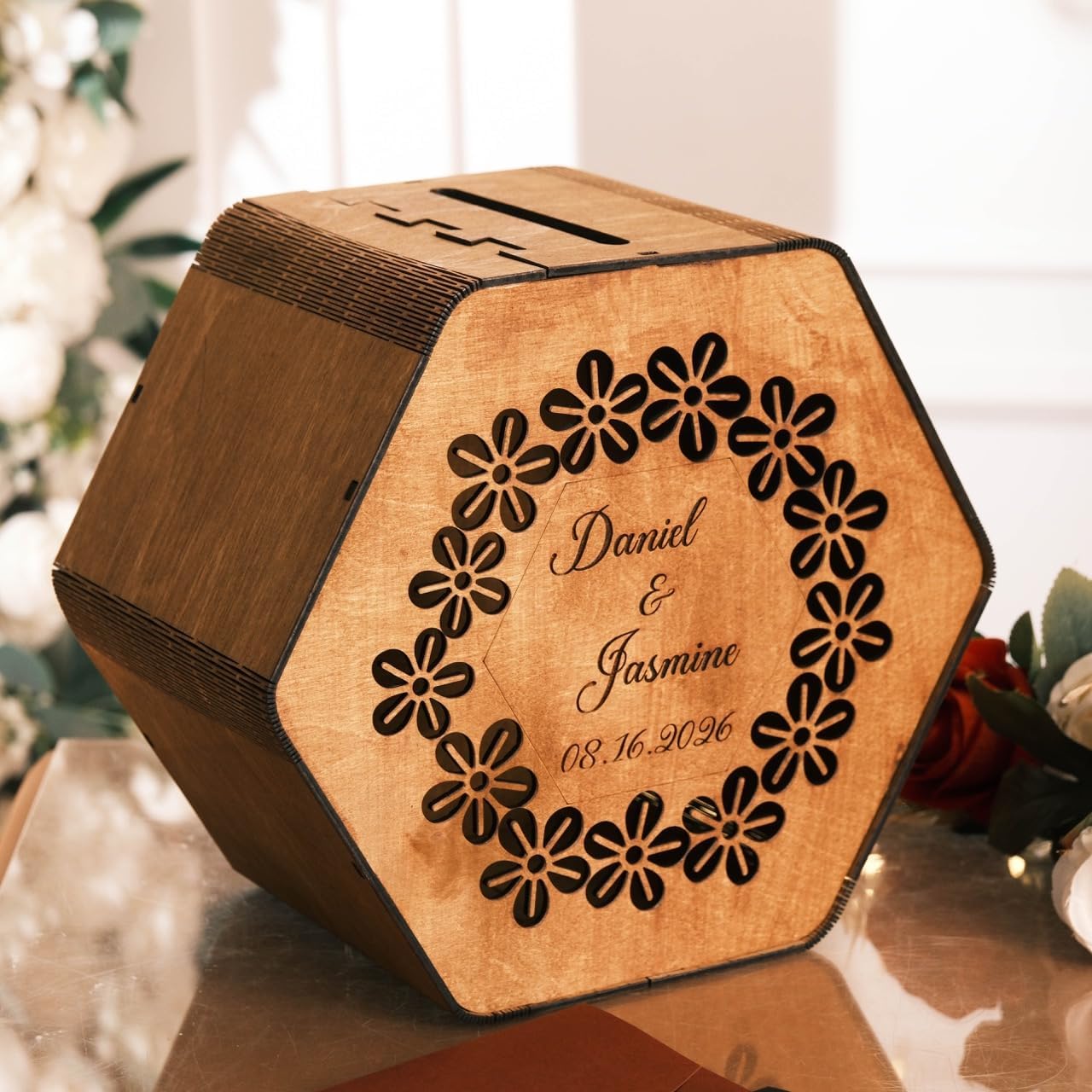 EMC Personalized Wood Card Box for Wedding & Engagement Hexagon Model – Rustic Wedding Card Holder with Slot – Bridal Shower, Baby Shower & Birthday Decor