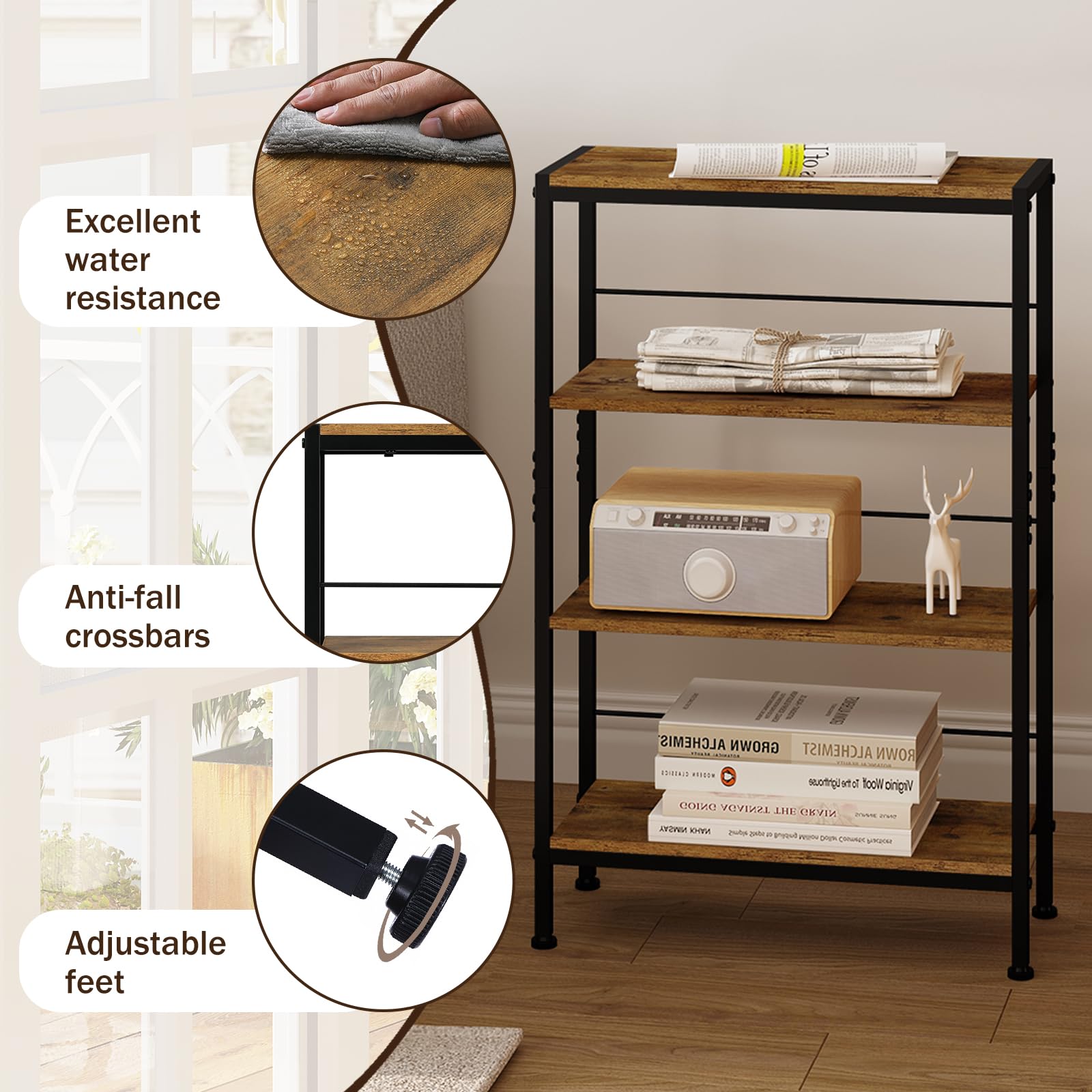 WOLTU Estanteria de 4 Niveles, Estante de Almacenaje, Estanterias para Cocina, Salon y Dormitorio, Libreria Estructura Metal, Marrón Rústico + Negro, 50x20x78 cm, RGB52shm