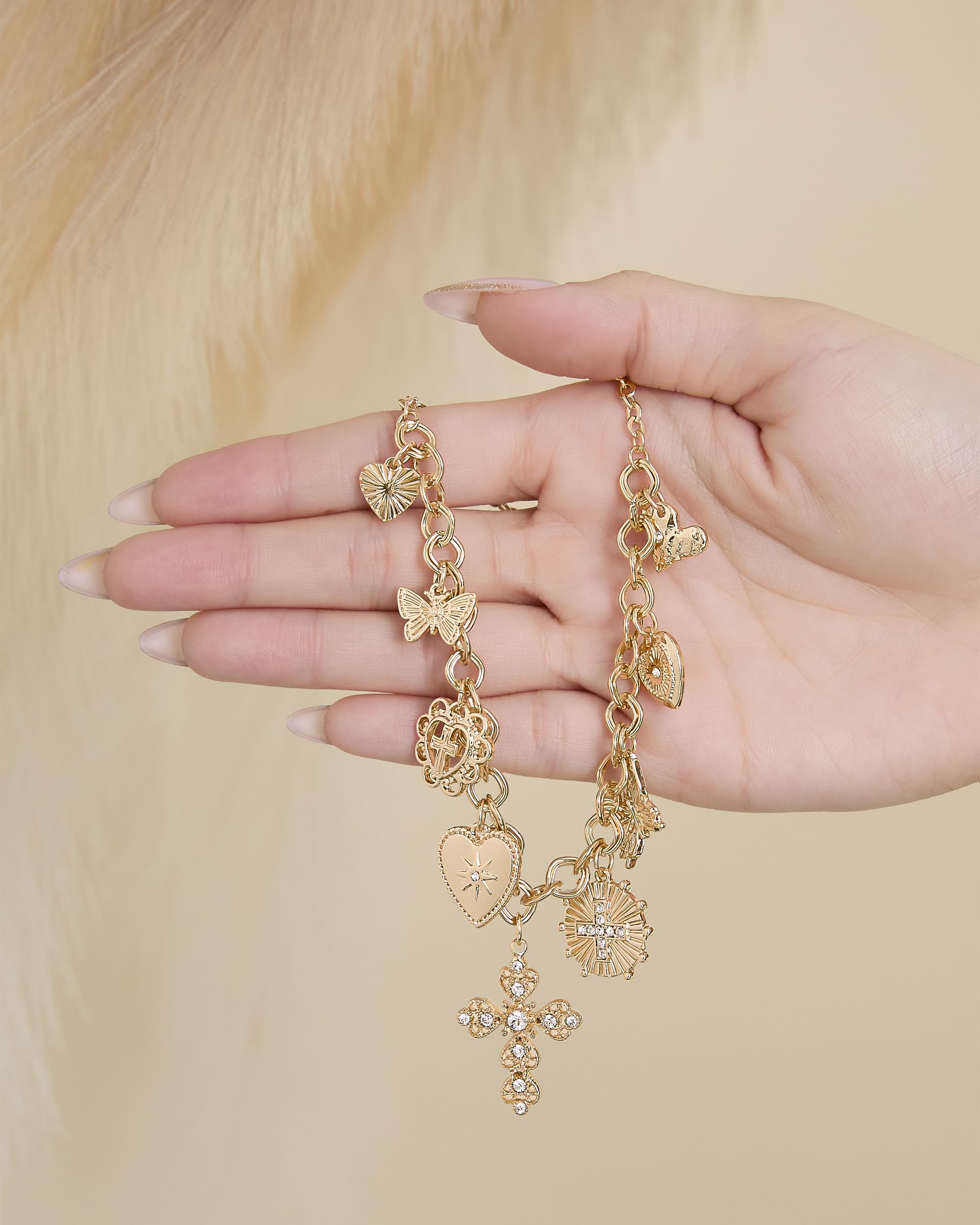 Jessica Simpson Gold-Tone Charm Necklace for Women 18"+3" with Butterfly, Cross, and Heart Charms