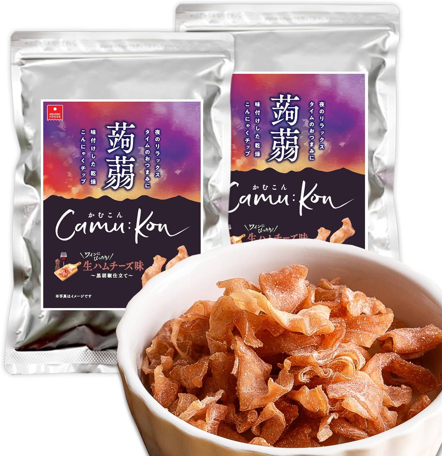 Aszac Foods Ramukon Konnyaku Treat, Raw Ham Cheese Flavor, Healthy Treats Without Guilt, Japanese Konnyaku Snacks, Jerky Raw Ham Cheese, 2.6 oz (75 g) x 2 Bags