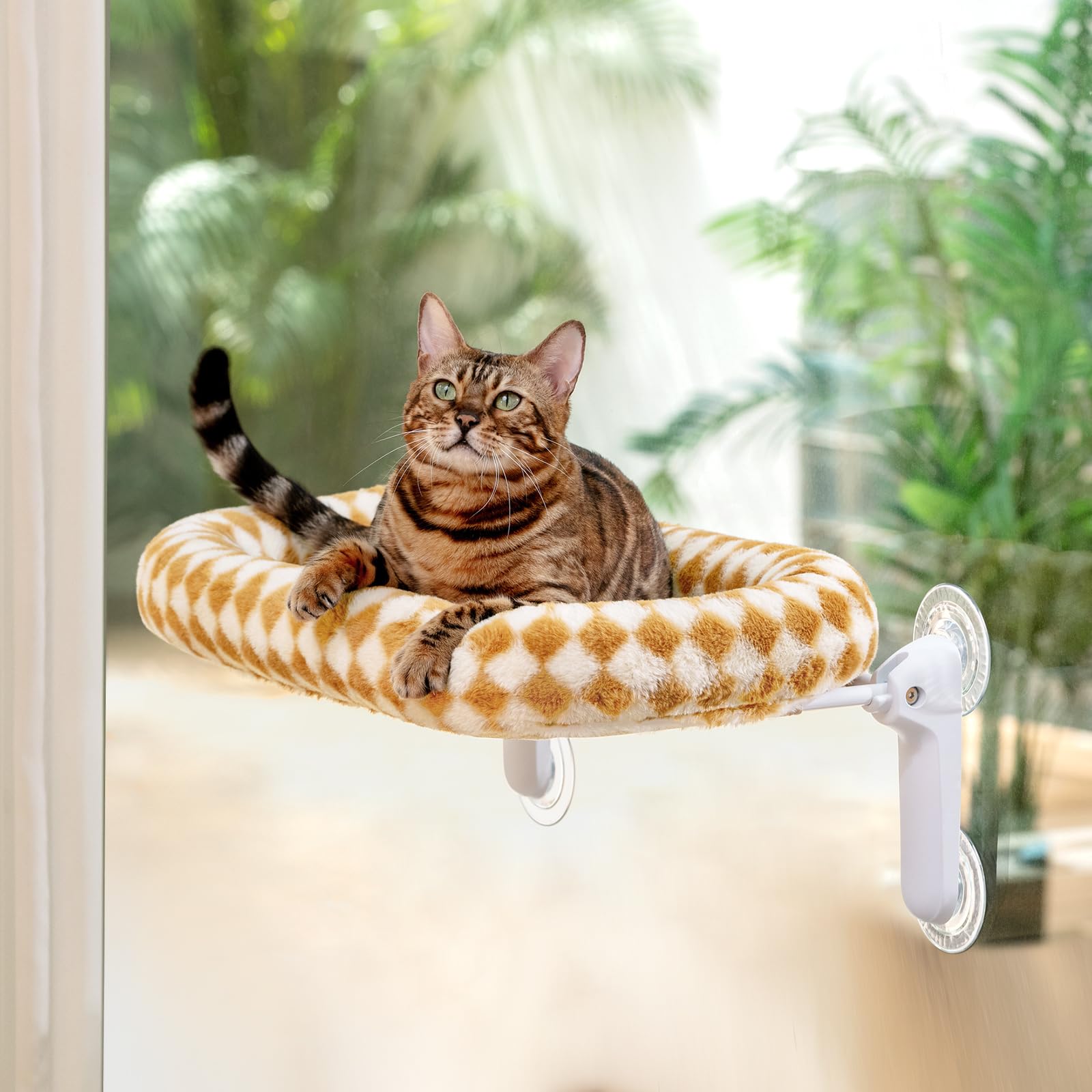 Sunhoo Lettino pieghevole per finestra per gatti, per davanzale, amaca, con ventosa, per interni, con morbido cuscino in peluche, lavabile in lavatrice, 54 x 30 cm (marrone, M)