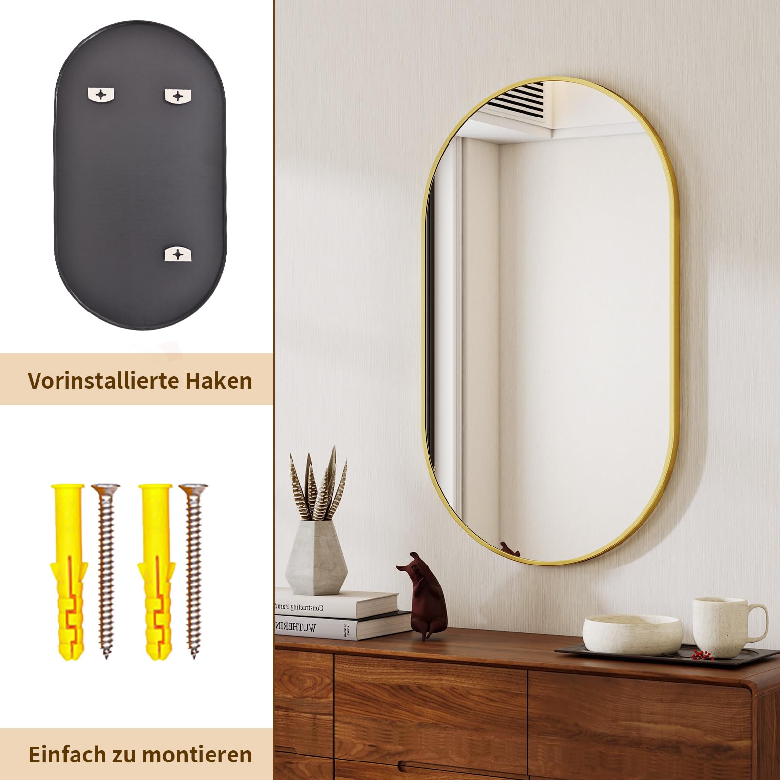 Koonmi Oval Badspiegel Gold, 30 x 60 cm Oval Wandspiegel aus gehärtetem Glas, Eitelkeitsspiegel ohne Verzerrung, horizontal oder vertikal hängend für Schlafzimmer, Eingangsbereich, Wohnzimmer