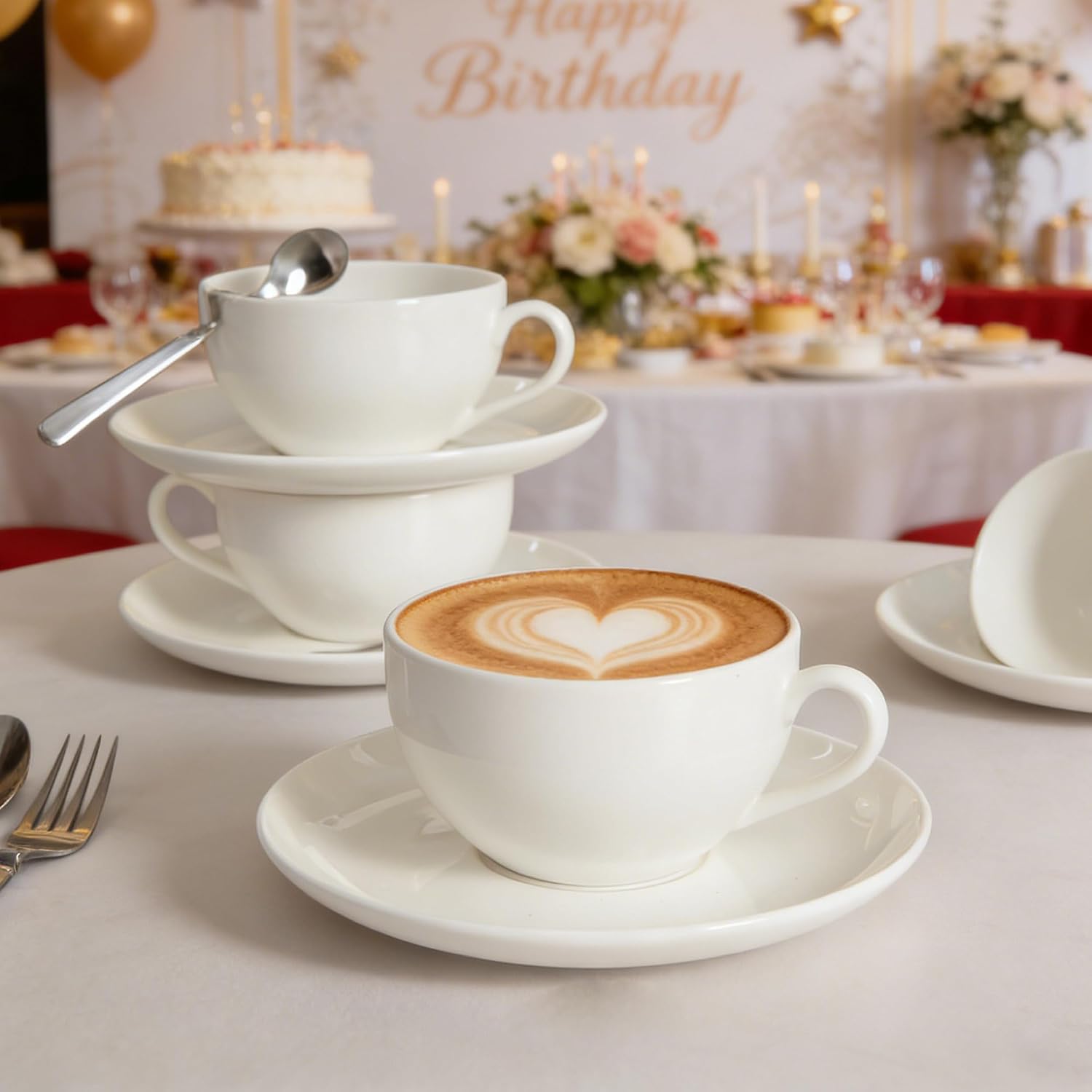 Bone China Tea Cups and Saucers Set (6 oz, Set of 4) – White Luxury Fine Porcelain Mugs for Tea, Coffee, Latte Art, Barista Use, Elegant Gifting