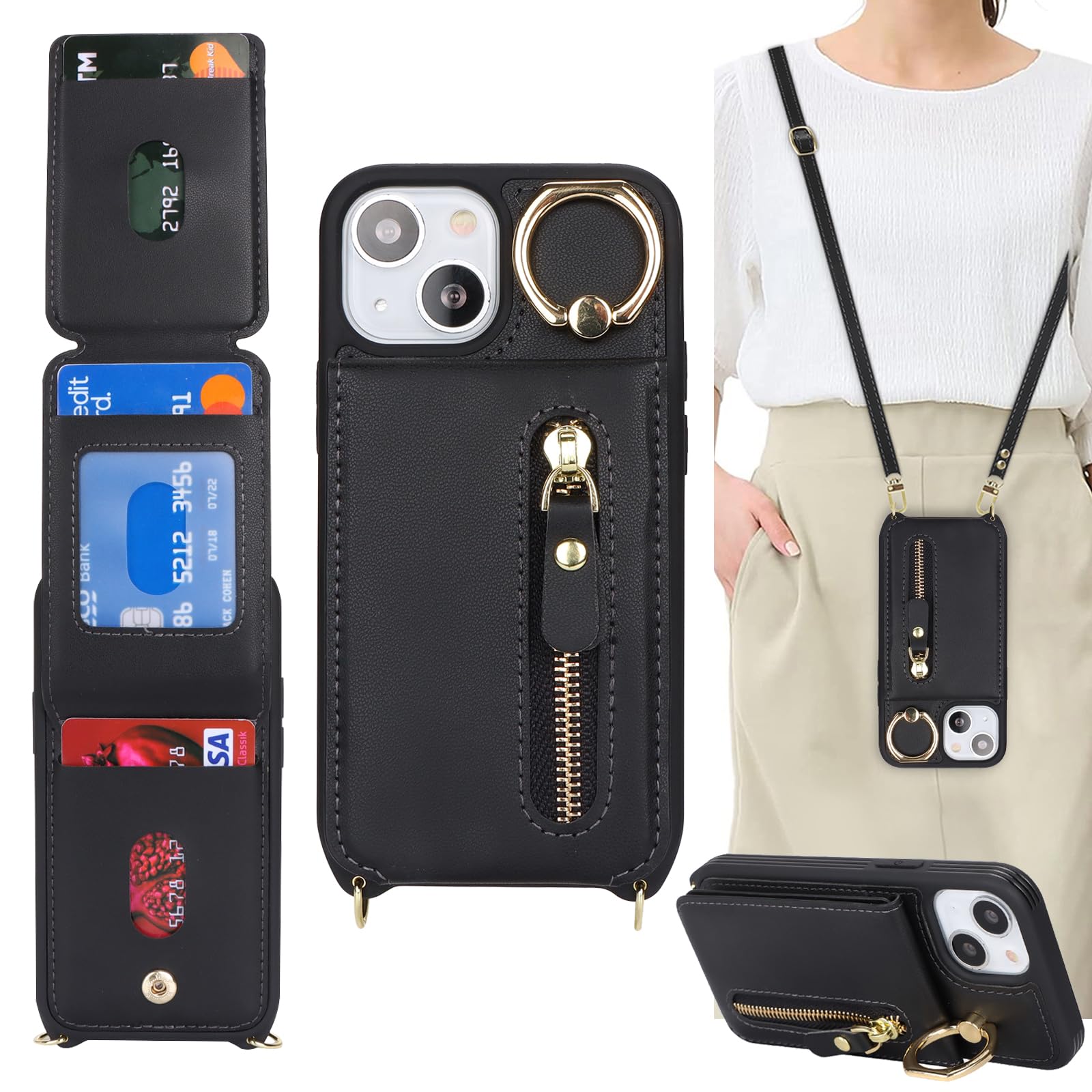 DEYHU iPhone 13 Mini Case with Card Holder for Women, iPhone 13 Mini Phone Case Wallet with Strap Credit Card Slots Crossbody with Kickstand Zipper Case - Black