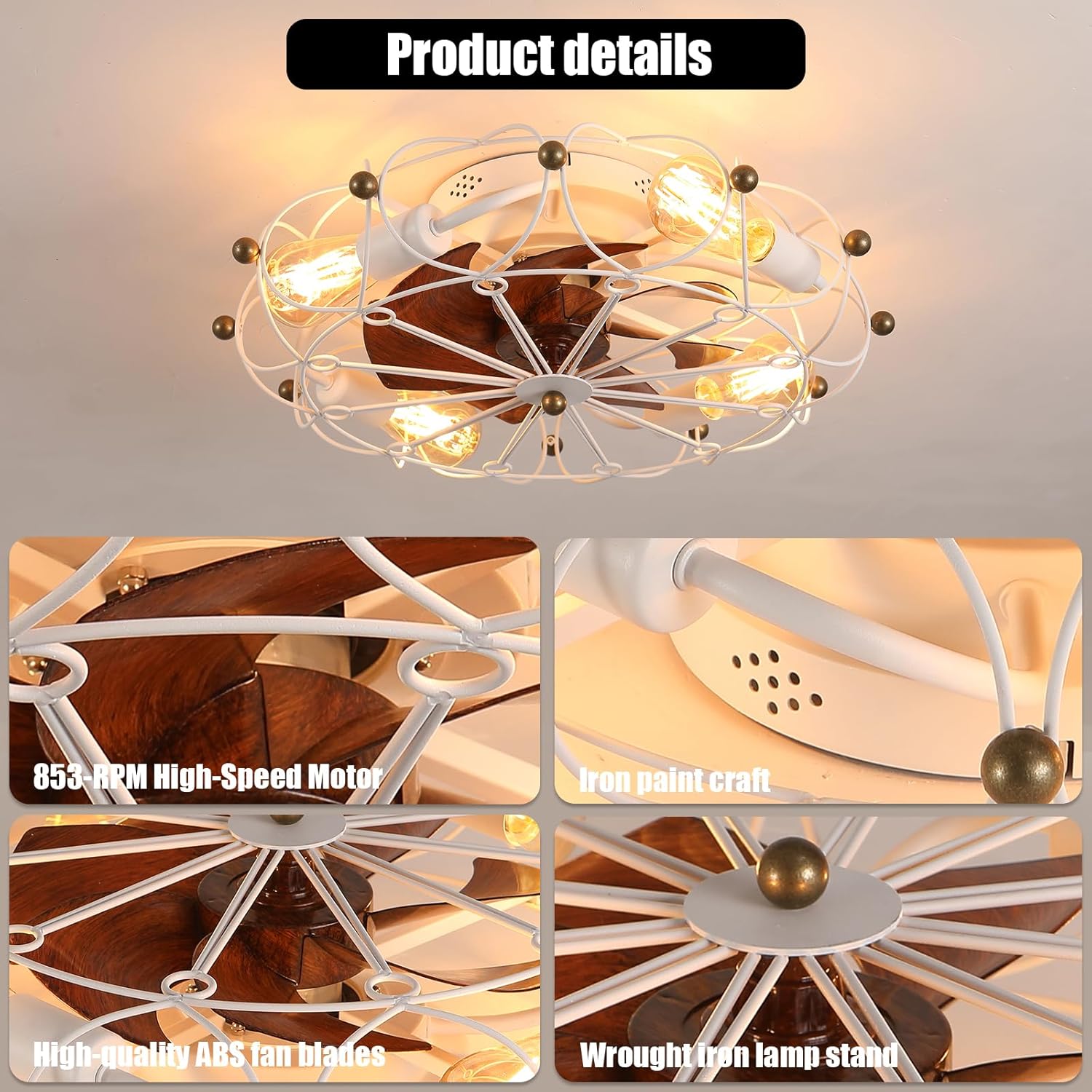 Low Profile Caged Ceiling Fan with Lights Remote Control, Embedded Modern Industrial Ceiling Fan, Vintage Design, Sturdy Metal Frame