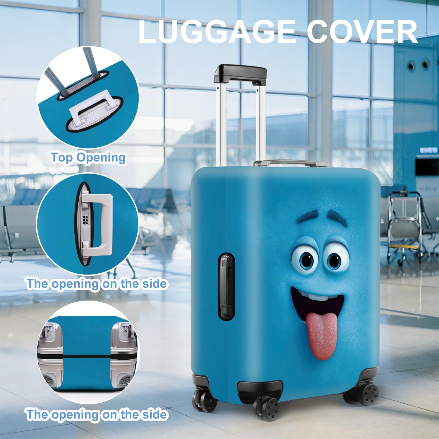 Funny Cartoon Face Luggage Cover – Cute Blue Emoji Style Suitcase Protector, Stretch Elastic Luggage Cover for Travel, XL(32"-34" Suitcase)