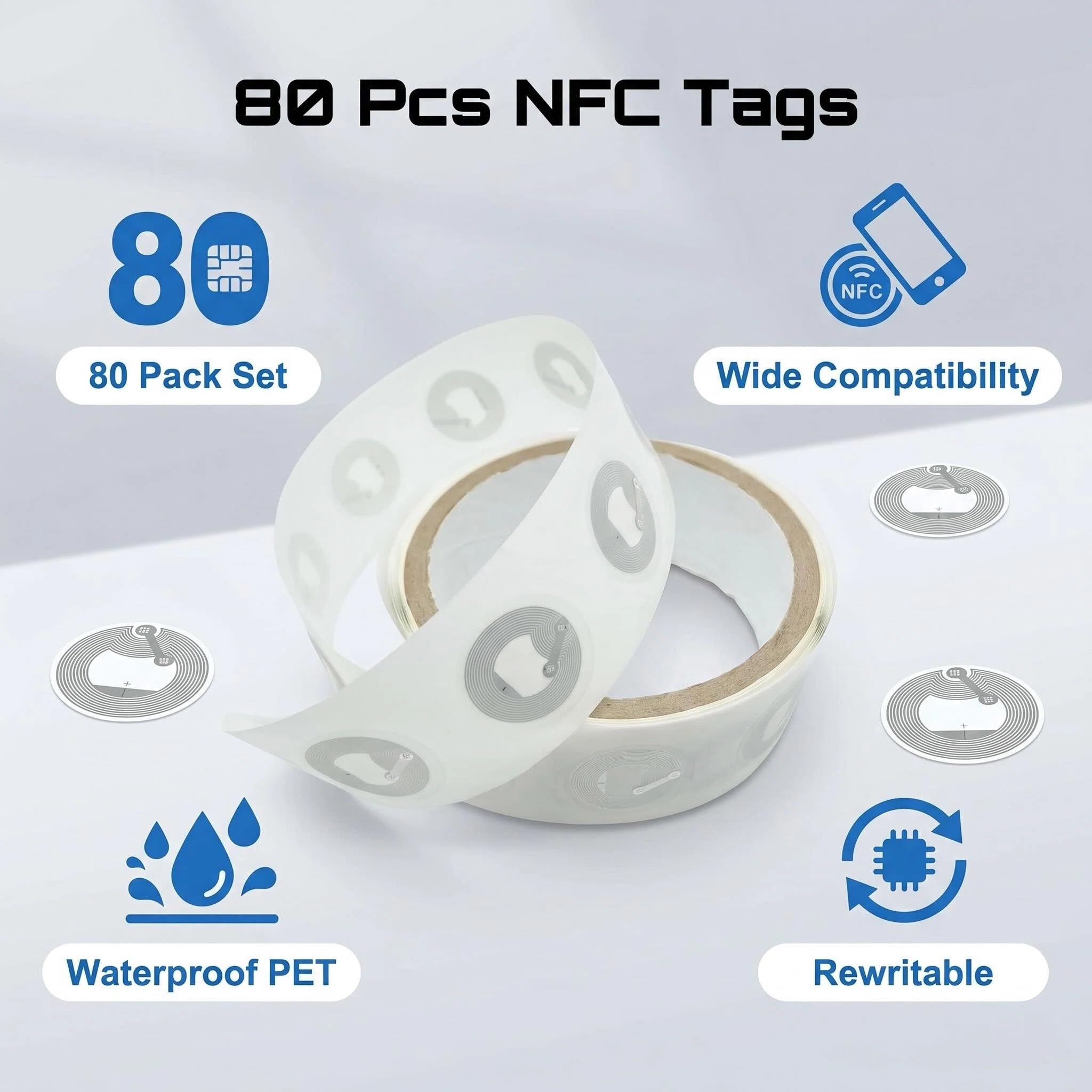 80 Stück NFC Tag Sticker, Ntag 216 NFC Aufkleber Wiederbeschreibbar, Wiederbeschreibbare NFC Tags, Programmierbar 888 Byte Speicher, NFC Sticker für Alle NFC-Fähigen Handys und Geräte (216)