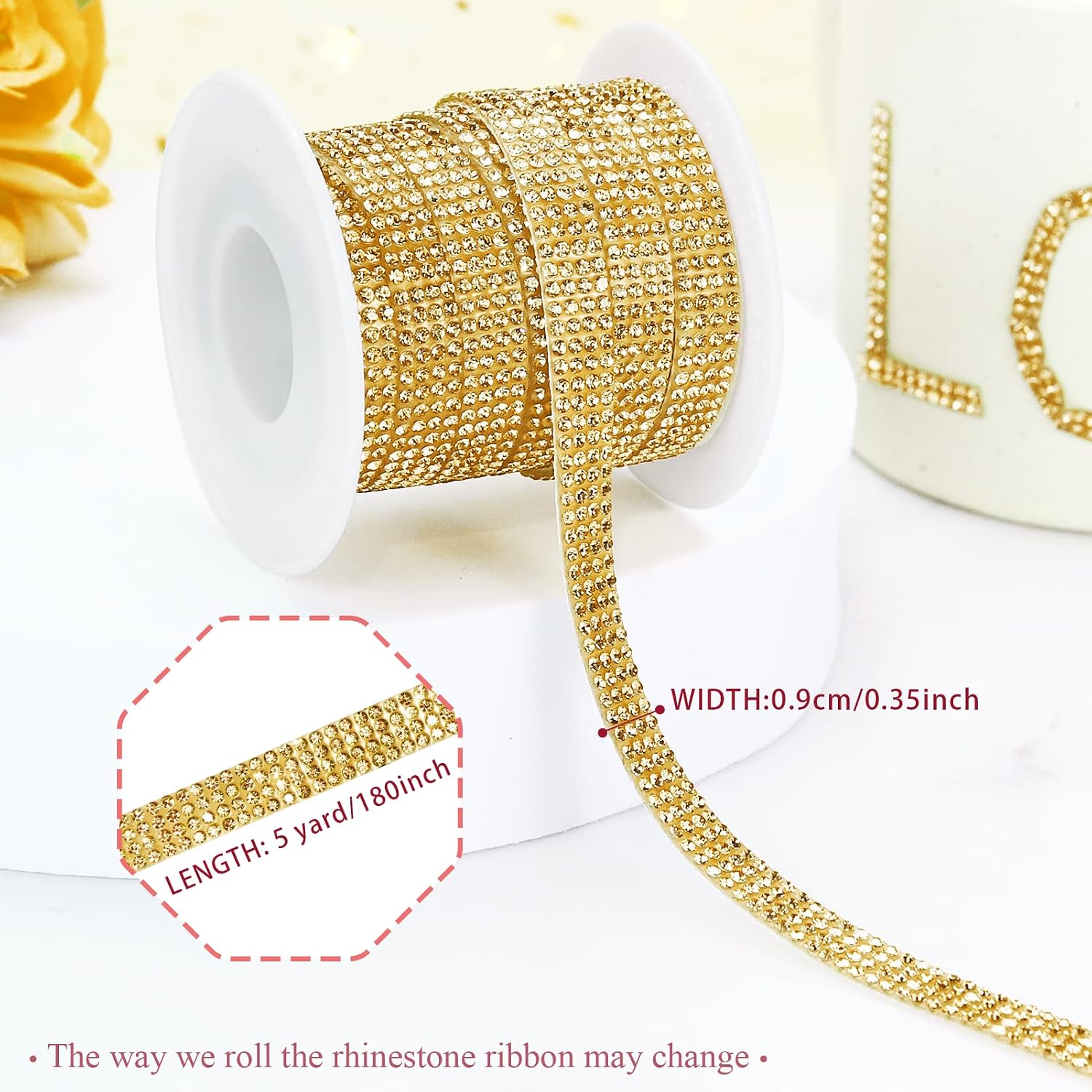 Dowarm Self Adhesive Rhinestone Ribbon, 5 Yards Bling Tape Bedazzling Strips for Crafts Shoe Dress Bottle Bling, Fabric Car Interior Embellishments Decoration (Gold, 4 Rows/0.35inch)