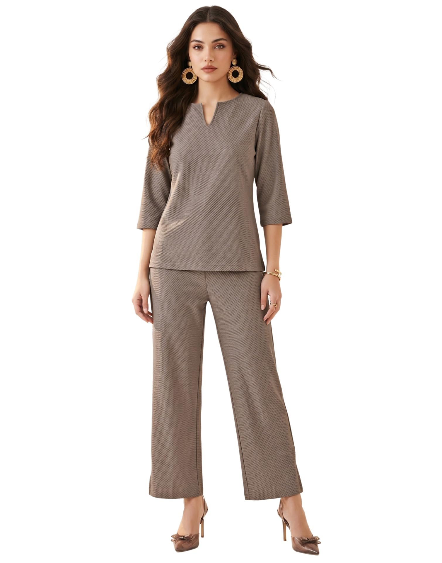 Lycra V Neck Top and Trouser Pant Set, Co ord Set for Women Stylish-image-44
