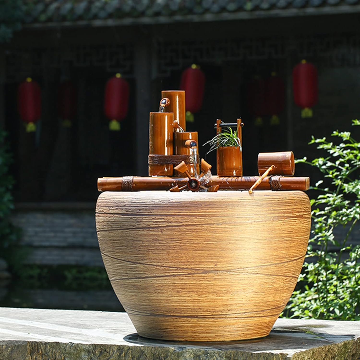 100% Handmade Bamboo Water Fountain with Pump Outdoor Feature Pond Decor Spout,Creativity,60cm/23.6in