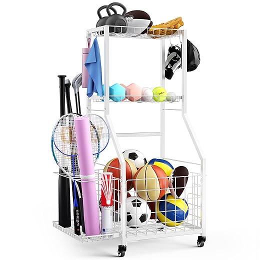 Sports Equipment Garage Organizer,Garage Ball Storage Rack with Wheels-Upgraded 3 Layers Sport Toy Organizer Rack Outdoor Basketball Racks for Balls with Holder and Hooks