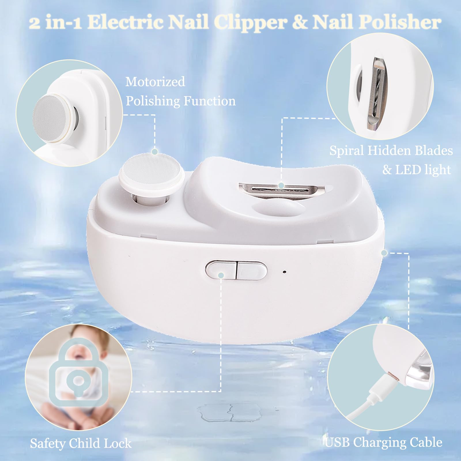 zuxify Electric Baby Nail Clippers with LED Light, USB Rechargeable Baby Nail Trimmer Electric, Nail Polisher 2 in 1 Design Electric Nail File Baby, Safe Nail Care for Infants Kids Children and Adult