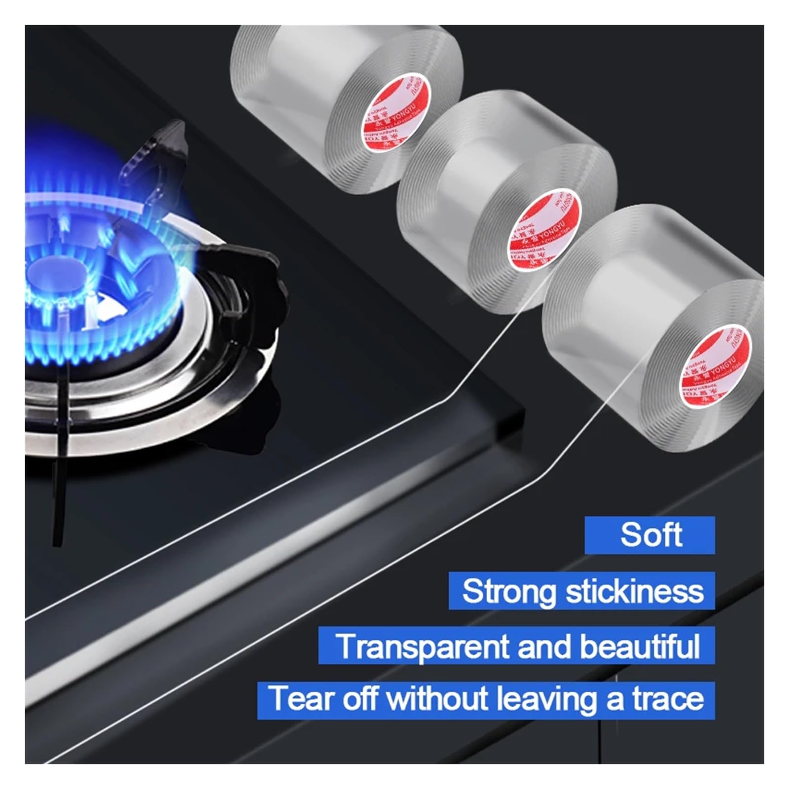 Cinta adhesiva de doble cara para uso intensivo, Single Sided Translucent Nano Tape 10m x 1mm (15-100) mm for Bathroom Kitchen(10M-1MM-80MM)