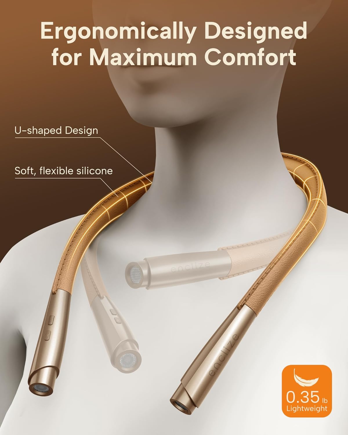 Close-up of the enclize LED Neck Reading Light showing the Type-C charging port with a cable inserted and a red indicator light