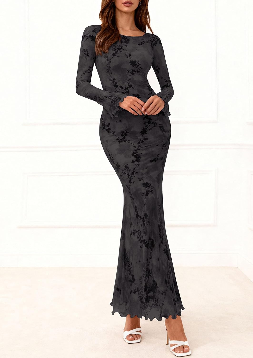 PRETTYGARDEN Women's Floral Bodycon Maxi Dress 2026 Spring Elegant Mesh Long Sleeve Formal Wedding Guest Cocktail Dresses - Image 3