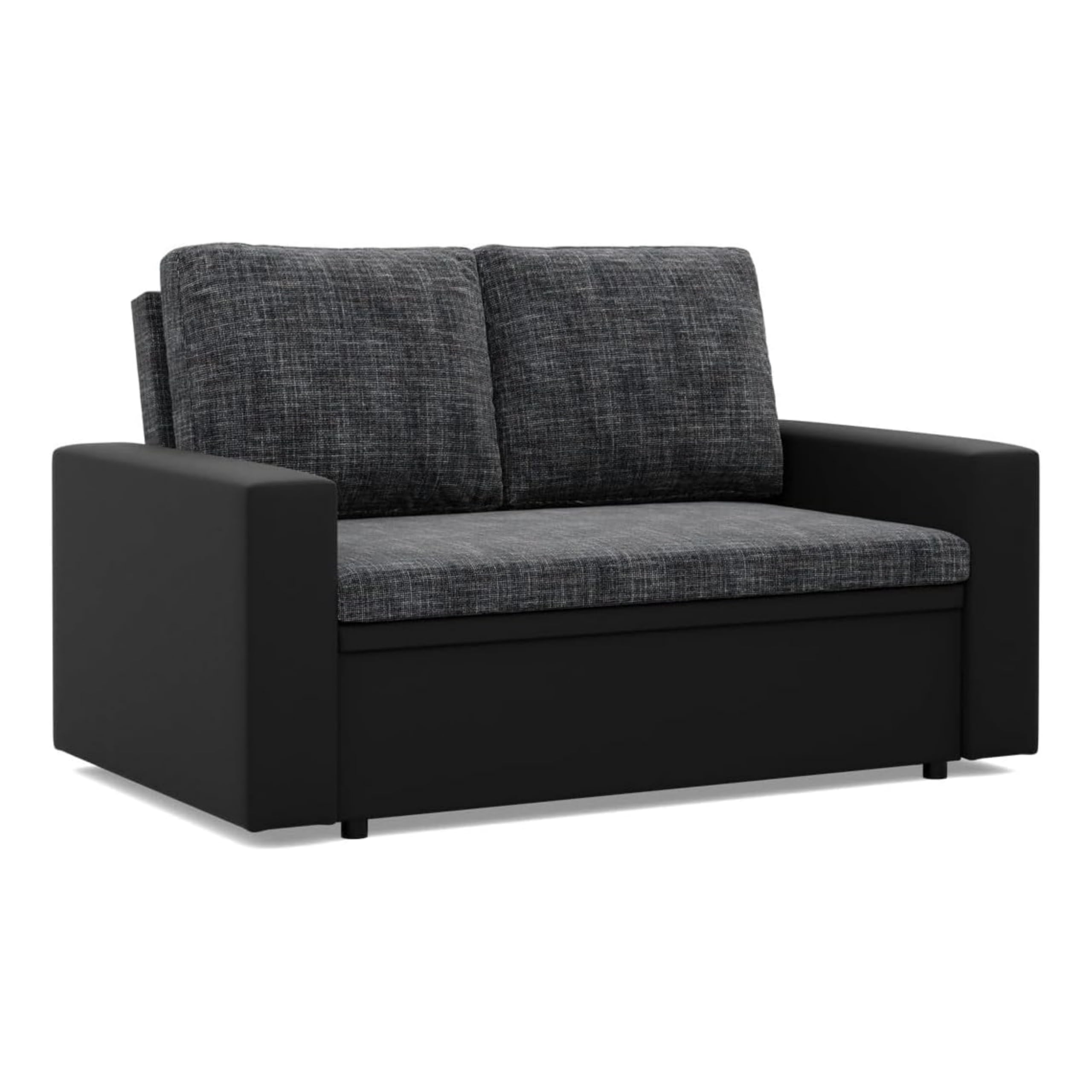 Mebligo - Zweisitzer Sofa Wohnzimmer mit Schlaffunktion, Bettkasten und Kunsteleder 148x90x87 (BxHxT) Dunkelgrau und Schwarz Luna, Schlafsofa Platzsparend, Schlafcouch, Sofabett, Sofa Bed, Bettsofa