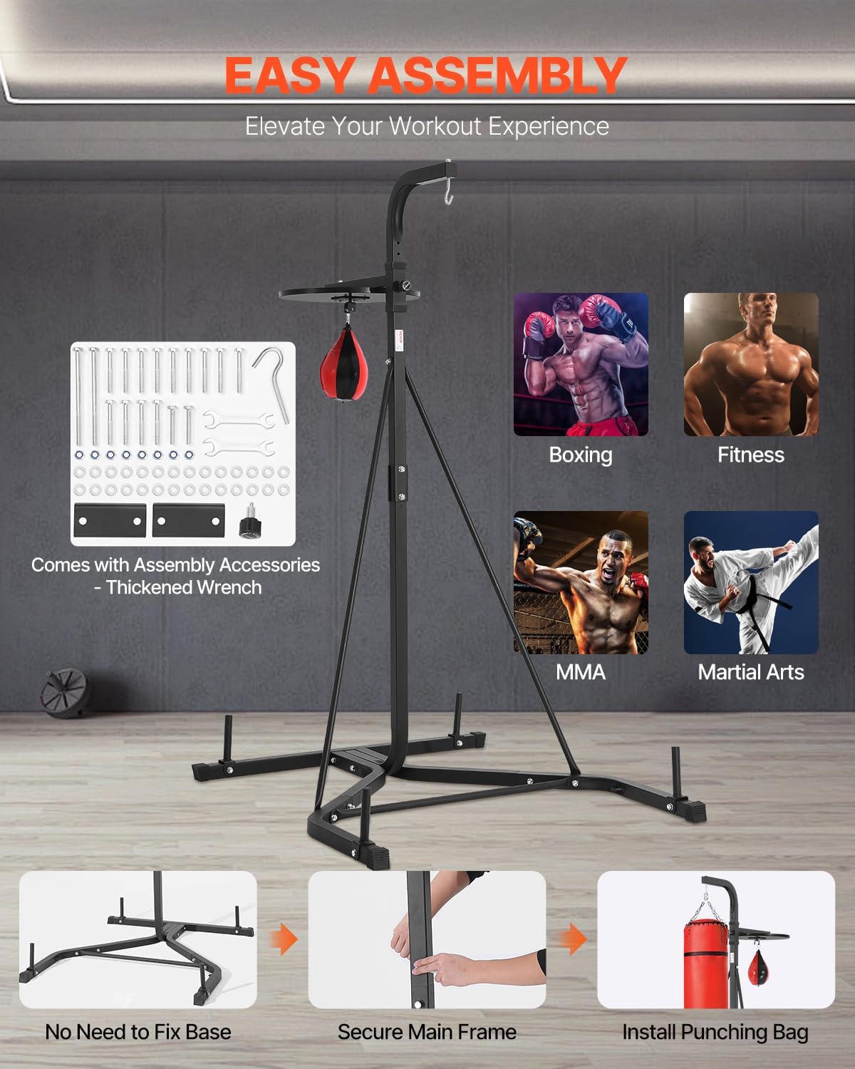 Close-up images of the VEVOR punching bag stand's stability features: silicone foot covers, weight plate pins, Y-shaped frame design, and triangular support structure.