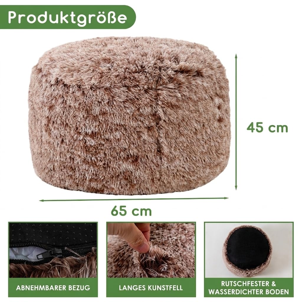 HIGOGOGO Pouf rotondo imbottito in pelliccia sintetica a pelo lungo con imbottitura in schiuma espansa, poggiapiedi peloso con vano portaoggetti, 65 x 40 cm, pouf da pavimento per soggiorno, caffè